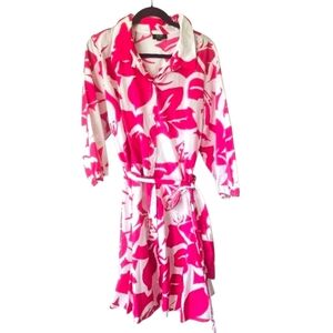 NWT MSK Women Cotton Puff Sleeve Shirt Dress, Magenta Rose Floral Print, Size 1X